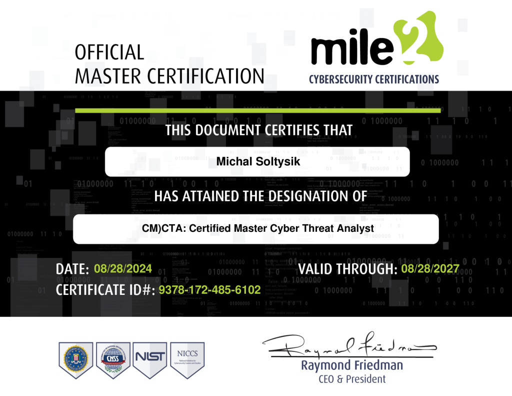 Michal Soltysik - CM)CTA - Certified Master Cyber Threat Analyst