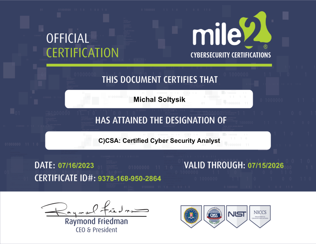 Michal Soltysik - C)CSA - Certified Cyber Security Analyst