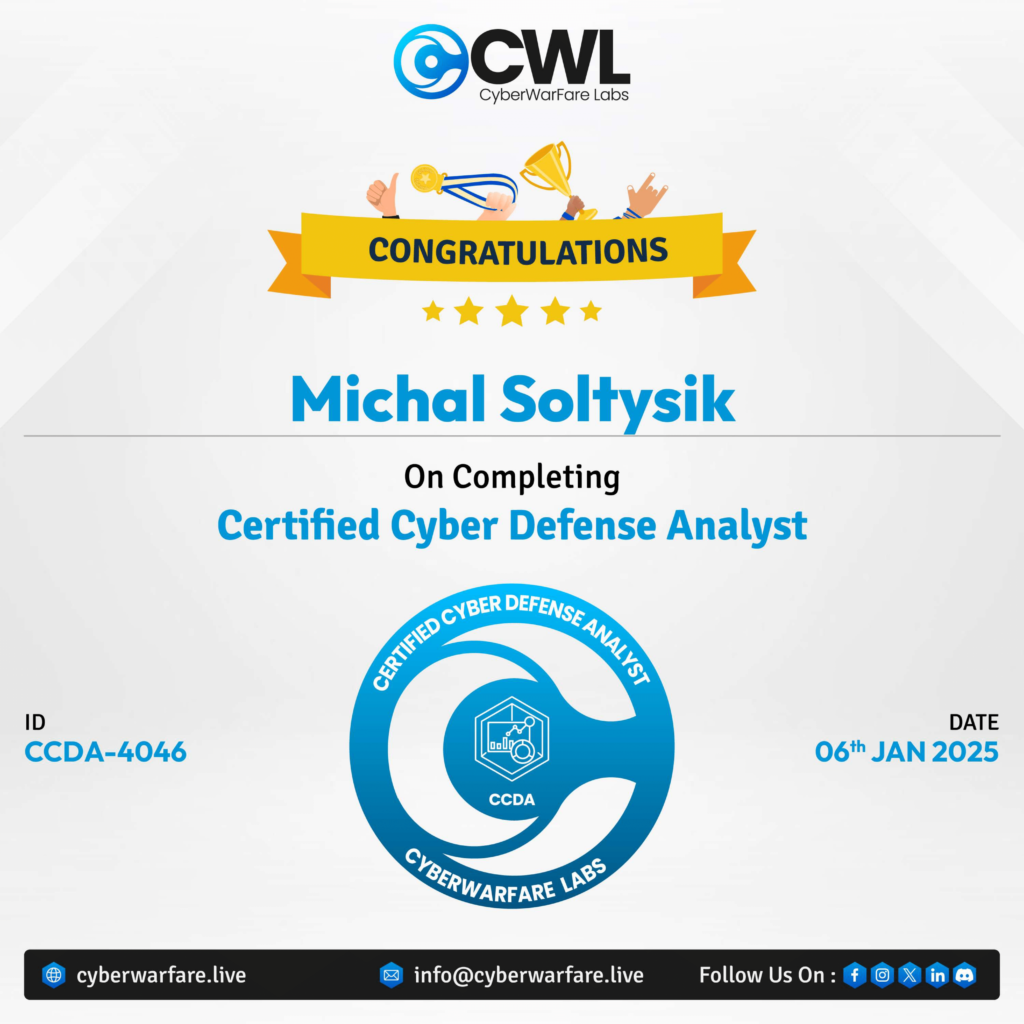 Michal Soltysik - CCDA - Certified Cyber Defense Analyst - Certification Achievement Announcement