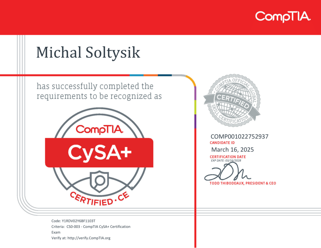 Michal Soltysik - CySA+ - CompTIA Cybersecurity Analyst