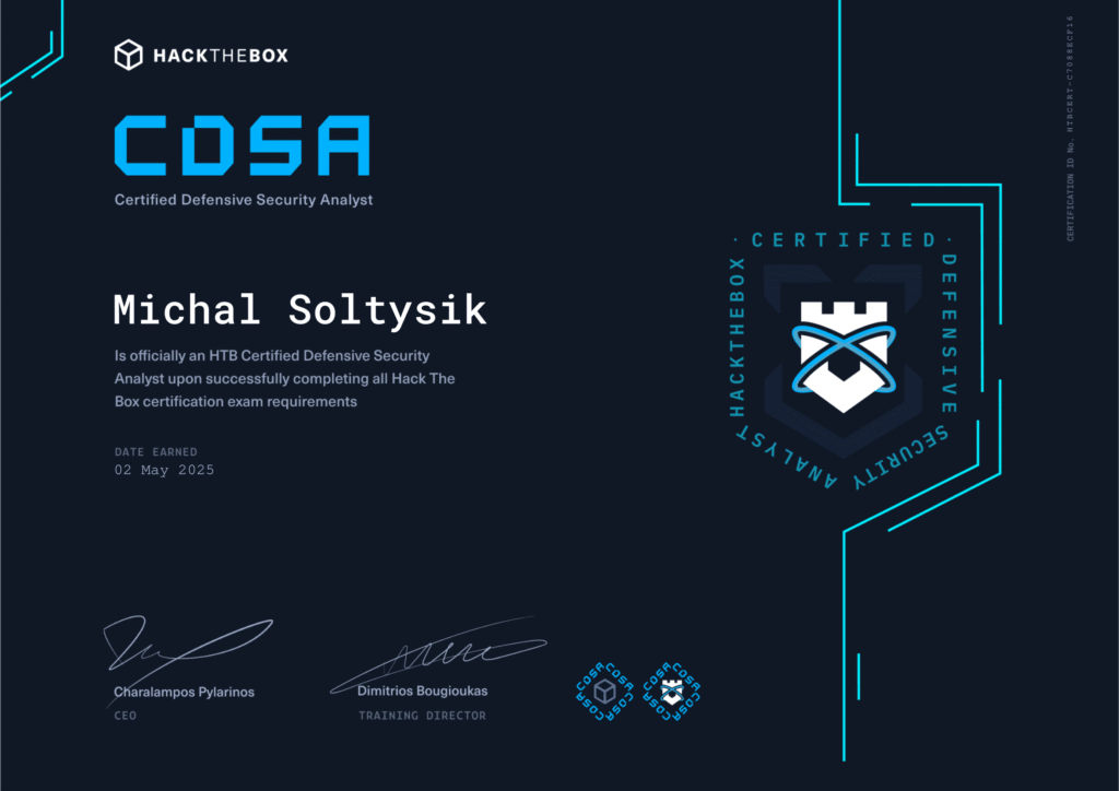 Michal Soltysik - HTB CDSA - Hack The Box Certified Defensive Security Analyst