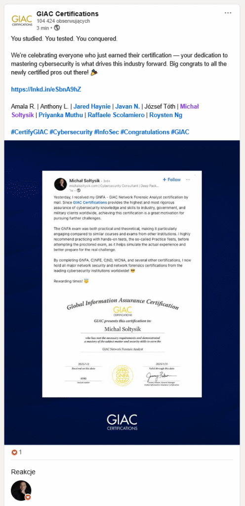 Michal Soltysik - GNFA - GIAC Network Forensic Analyst - Certification Achievement Announcement