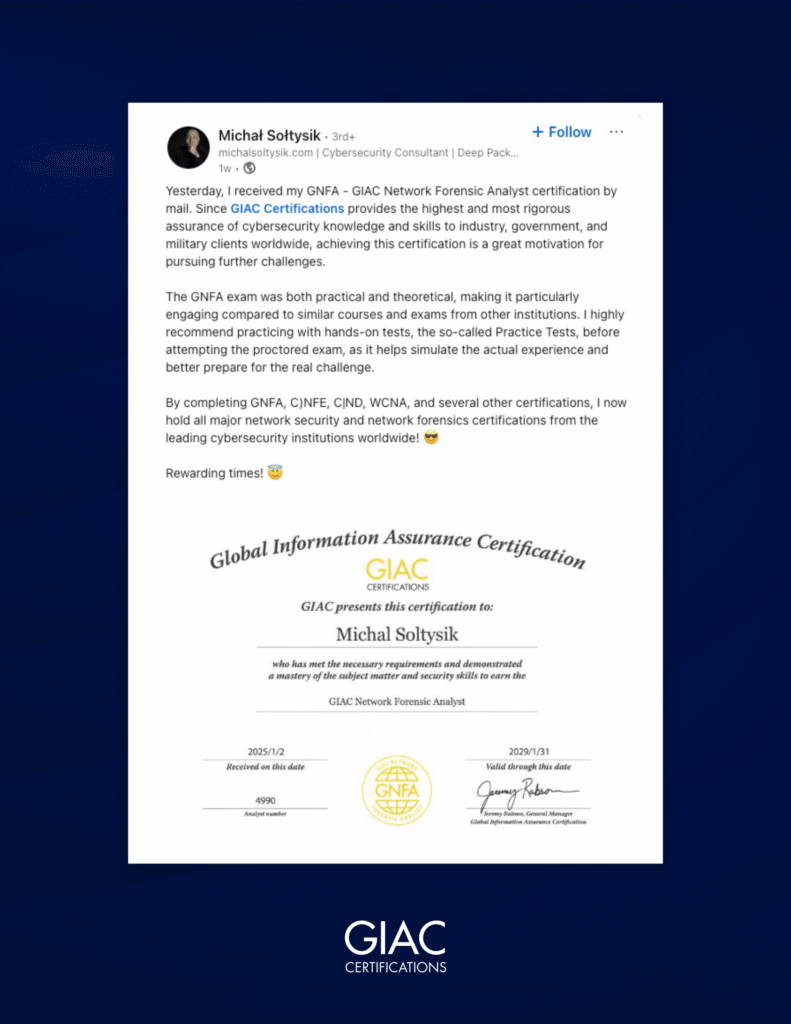 Michal Soltysik - GNFA - GIAC Network Forensic Analyst - Certification Achievement Announcement