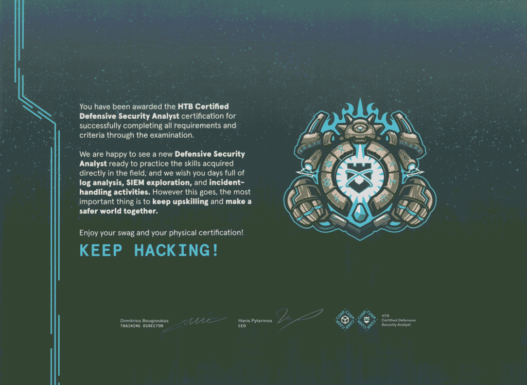 Michal Soltysik - HTB CDSA - Hack The Box Certified Defensive Security Analyst - Certification Achievement Letter