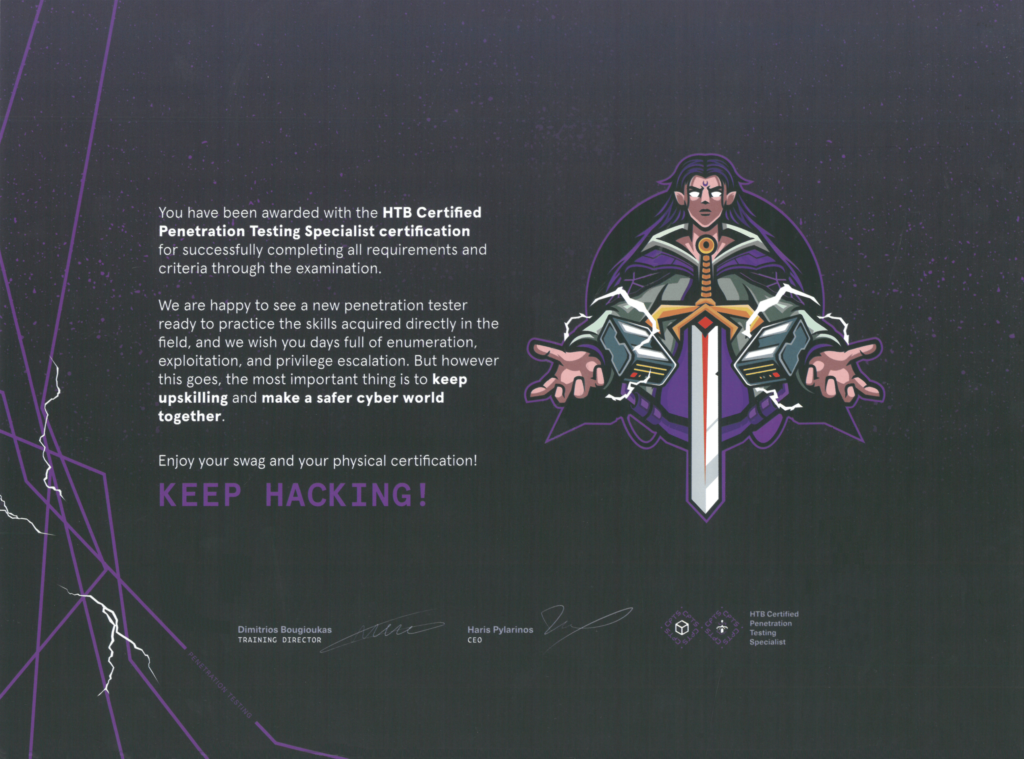 Michal Soltysik - HTB CPTS - Hack The Box Certified Penetration Testing Specialist - Certification Achievement Letter